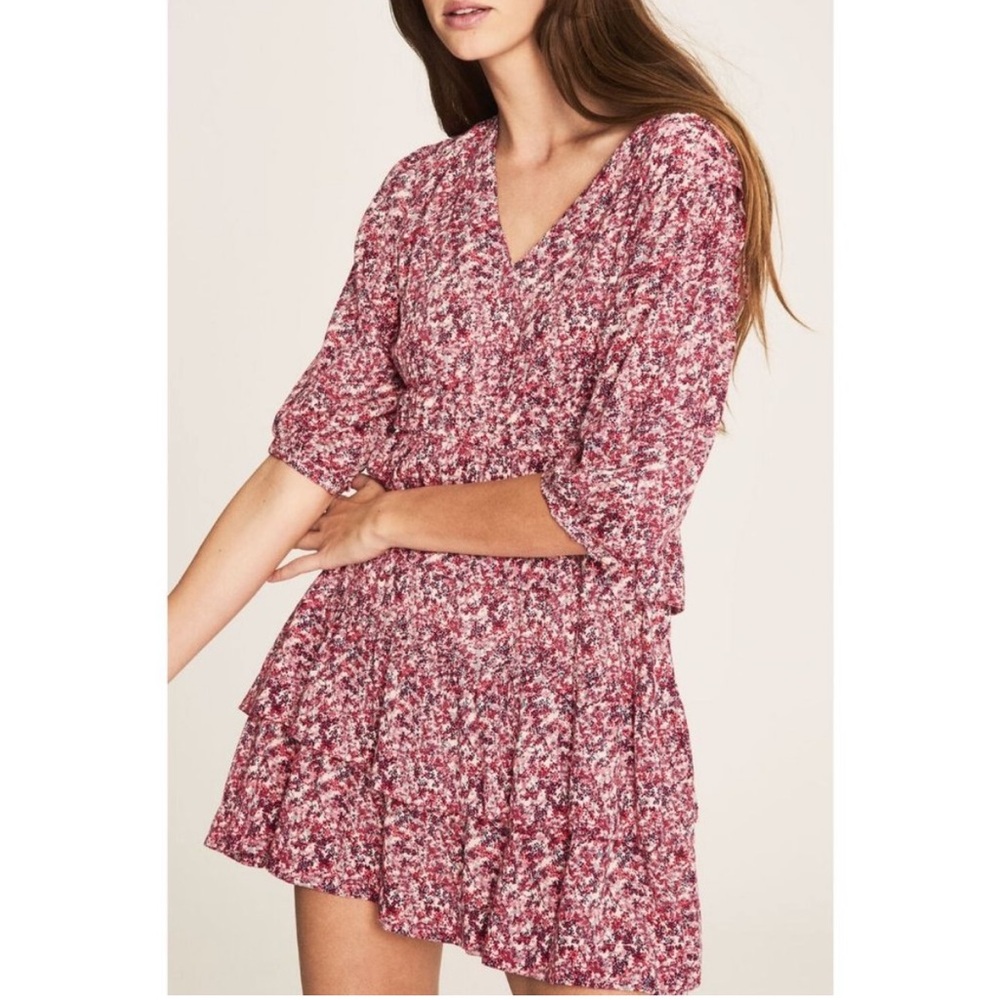 ba&sh Nina Dress 3/4 Sleeve Floral Tiered pink mini size‎ M v-neck